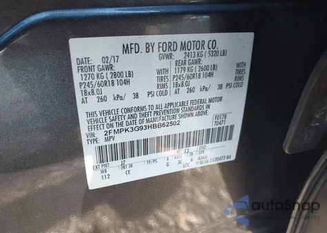 2017 Ford Edge Se from USA, damaged, VIN 2FMPK3G93HBB62502